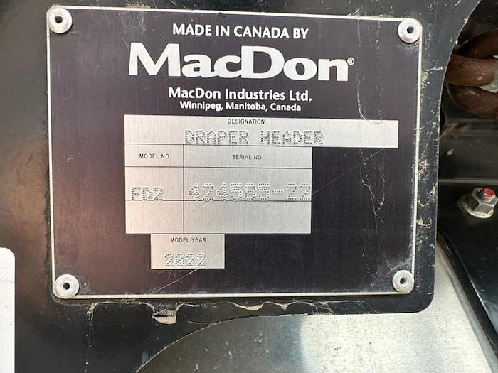 Used 2022 MacDon FD240 Draper Header w/ Cart - 310 hrs