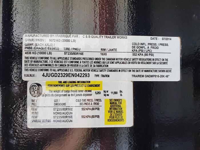 Used 2015 C&B 16' Dump Trailer - 20K gvwr