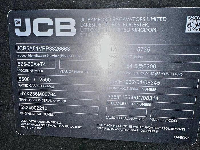 Used 2023 JCB 525-60 AGRI Telehandler w/ 60 hrs