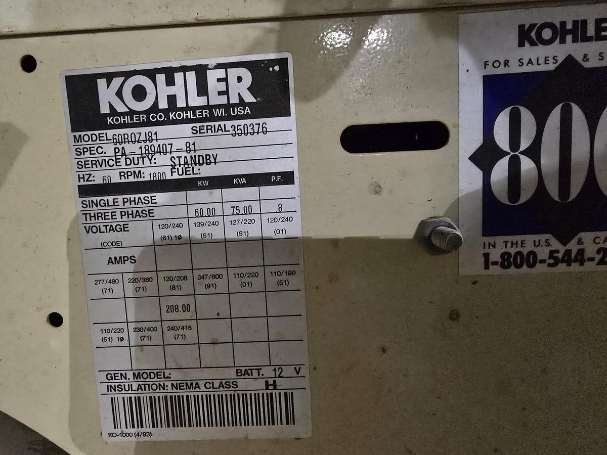 Used Kohler 60KW Generator Set ** Needs Engine Work **