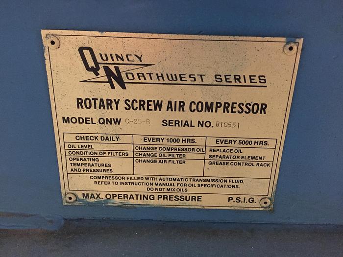 Used Compressor, Air, 25 HP, Quincy, Mdl C-25-B, Screw, #S740655