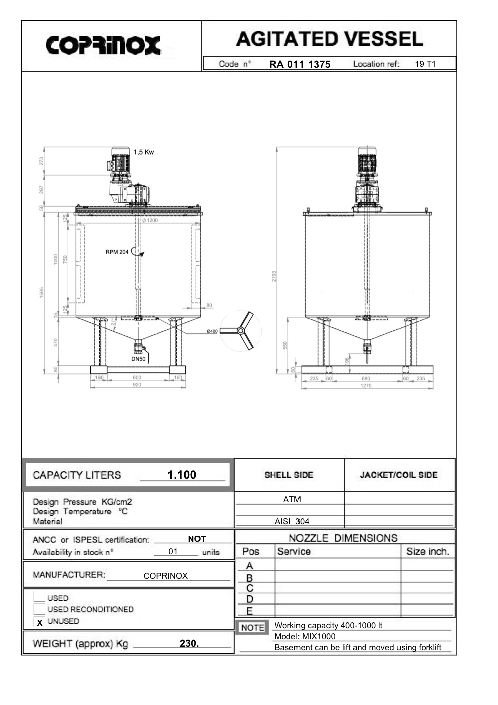 Mixer for liquids or resins, 1000 Liters
