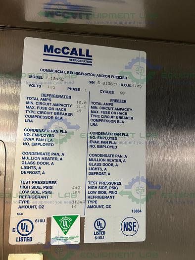 Used McCall  1-1045C Double Door Stainless Steel Refrigerator 49 Cu, Ft., 115V