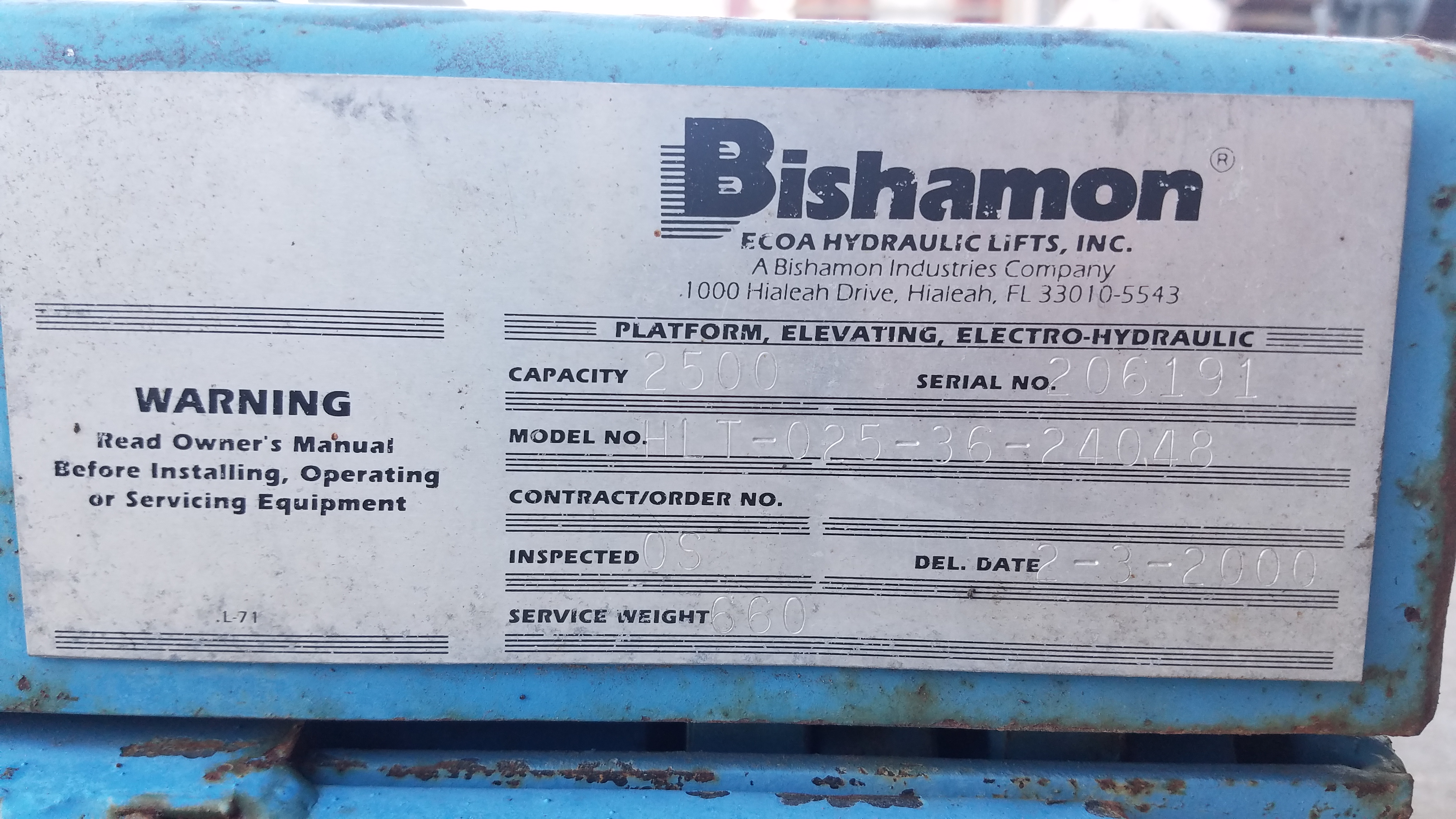 Used 2,500 lb. Bishamon Hyd. Scissors Lift Tables; 24” x 48”, 12 avail