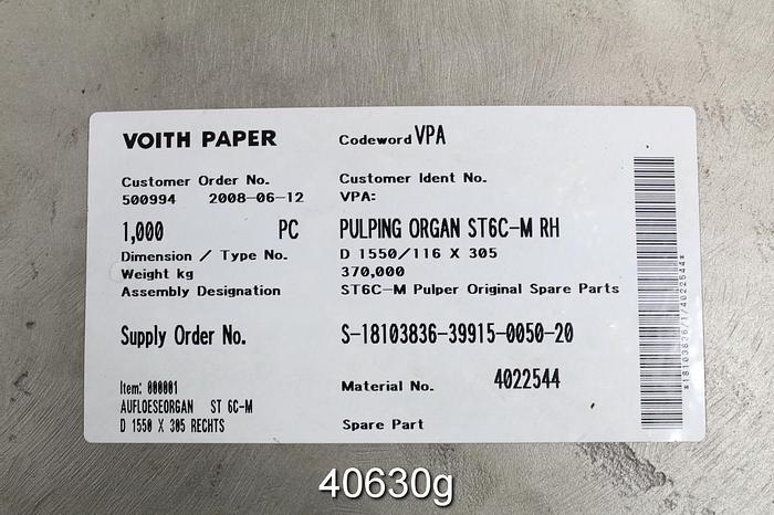 Unused Voith Pulper Rotor Style ST6C-M RH, Unused Storeroom Spare #40630