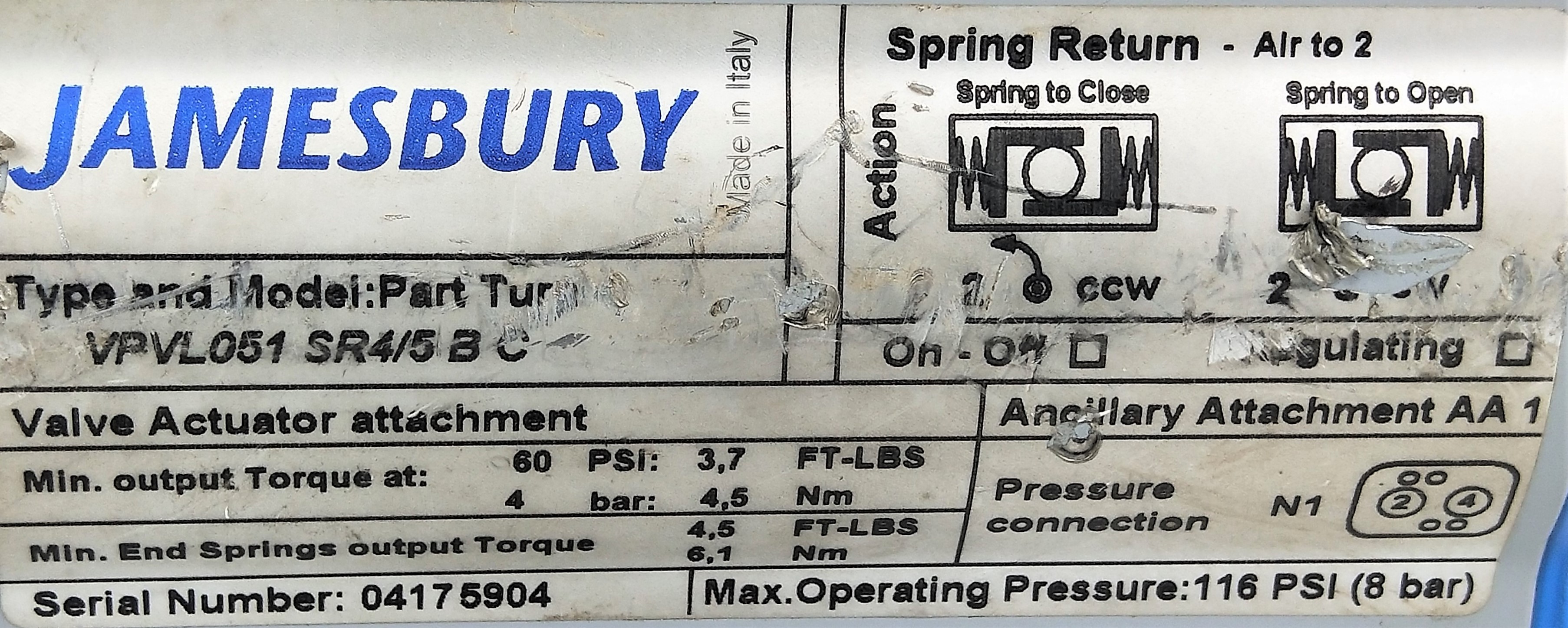 Used Jamesbury Valv-Powr VPVL051 SR4/5 B C Pneumatic Valve Actuator with CF8M Ball Valve