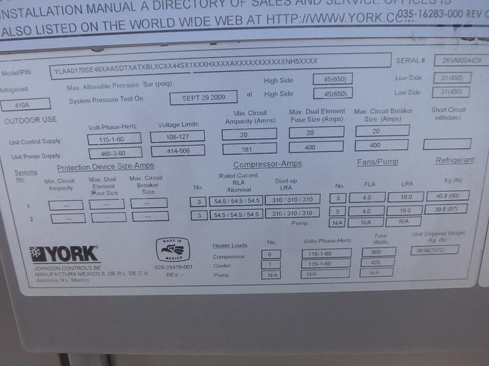 Used York YLAA0170SE46X Rooftop Chiller