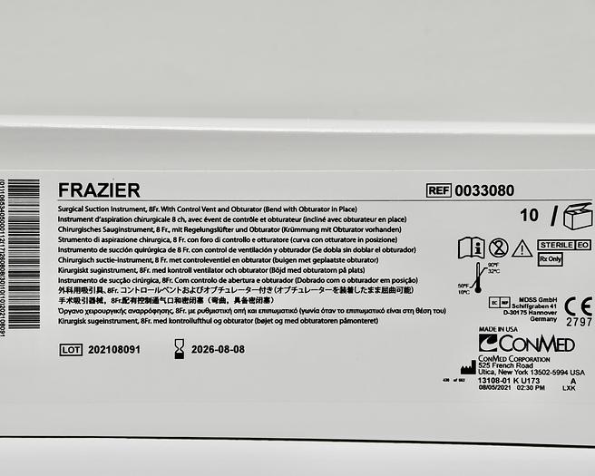 FRAZIER SURGICAL SUCTION INSTRUMENT, 8FR WITH CONTROL VENT AND OBTURATOR, 0033080 BY CONMED