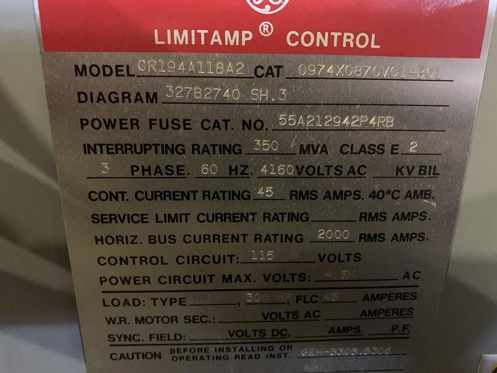 Used GENERAL ELECTRIC LIMITAMP CR194A118A2 300 HP CONTROLLER W/ DRAW-OUT AIR-BREAK CONTACTOR  THREE UNITS