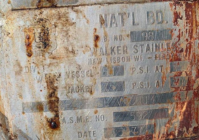 Used Reactor, 1,500 Gallon, 316 S/st, Jkt, 6' X 7', DT/DB, 75 PSI #L743661