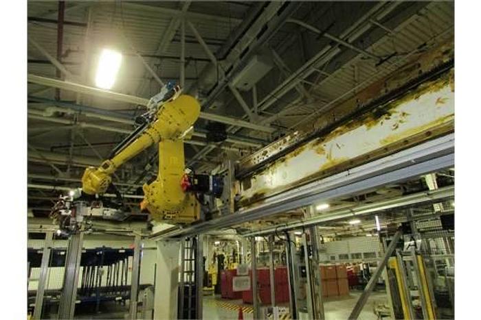 Used FANUC GANTRY ROBOT SYSTEM WITH M710iB/70T ROBOT 8' TALL X 10,200 MM TRAVEL RJ3iB CONTROLLER