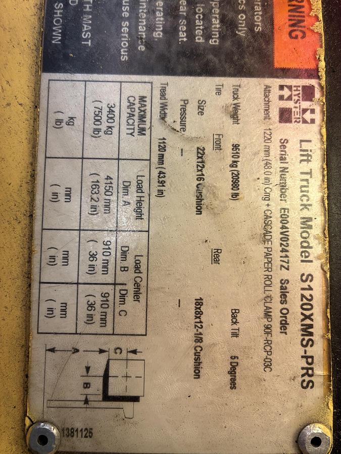 Used Hyster Forklift S120-XMS-PRS with Cascade  roll clamp