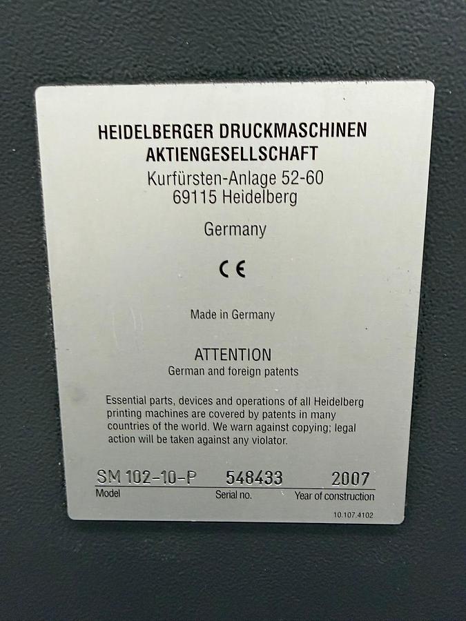 Used 2007 Heidelberg Speedmaster 102 10P