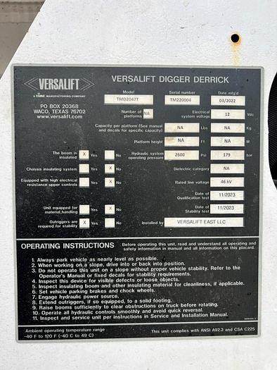 Used 2023 Freightliner M2 Versalift TMD2047T Digger Derrick - RF3549