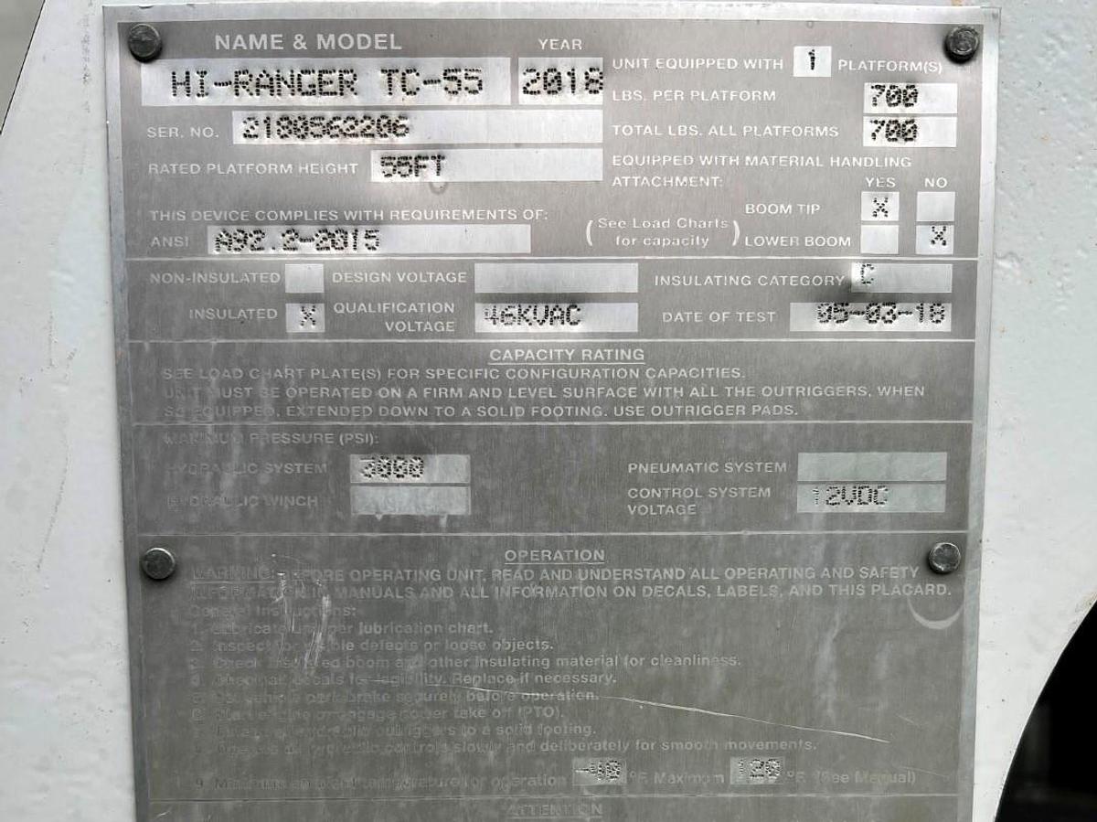 Used Terex HI-Ranger TC-55 Bucket Boom on 2018 Freightliner M2-106 Reg Cab Utility Truck - RX2612