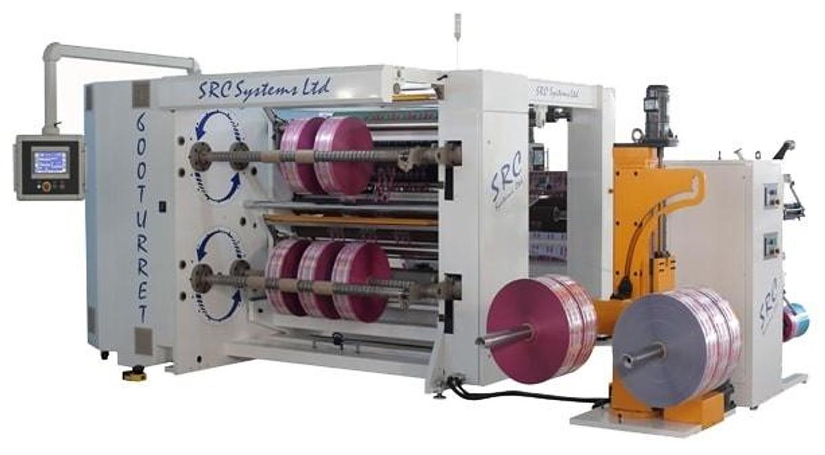 Used 63" WIDE NEW SRC SYSTEMS 600 DUPLEX TURRET SLITTER REWINDER - 24" OD REWIND