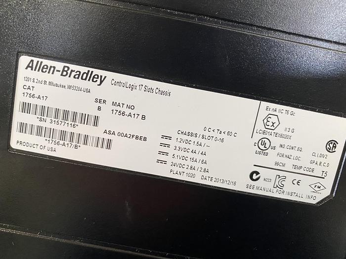 Used Allen-Bradley 1756-L73S, 1756-En2T & 1756-PB72 on 1756-A17 ControlLogix Chassis