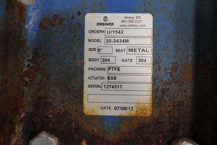 Used Orbinox 8" Air Operated V-Port Knife Gate Valve #44038