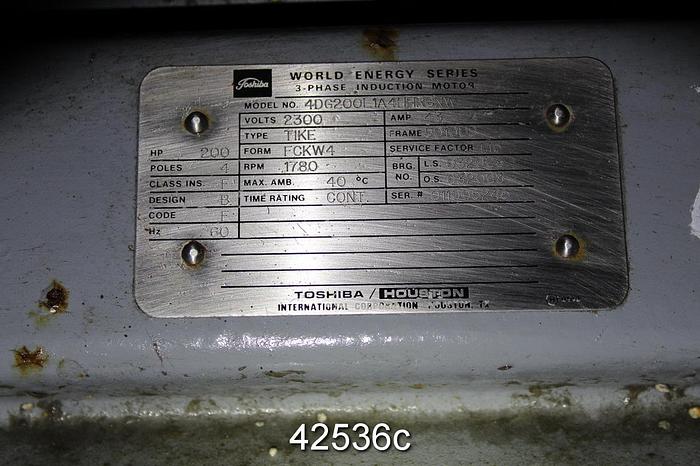 Used Toshiba 4DG200L1HHRC A/C Motor, 200 Hp, 1800 Rpm, 5010US Frame #42536