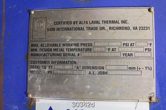 Used Alfa Laval M10-BFG Frame and  Heat Exchanger #30342