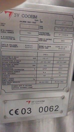 Used 0.10 SQ MT – 3V COGEIM TYPE FILTRODRY NUTSCHE PRESSURE FILTER DRYER – HASTELLOY C-22