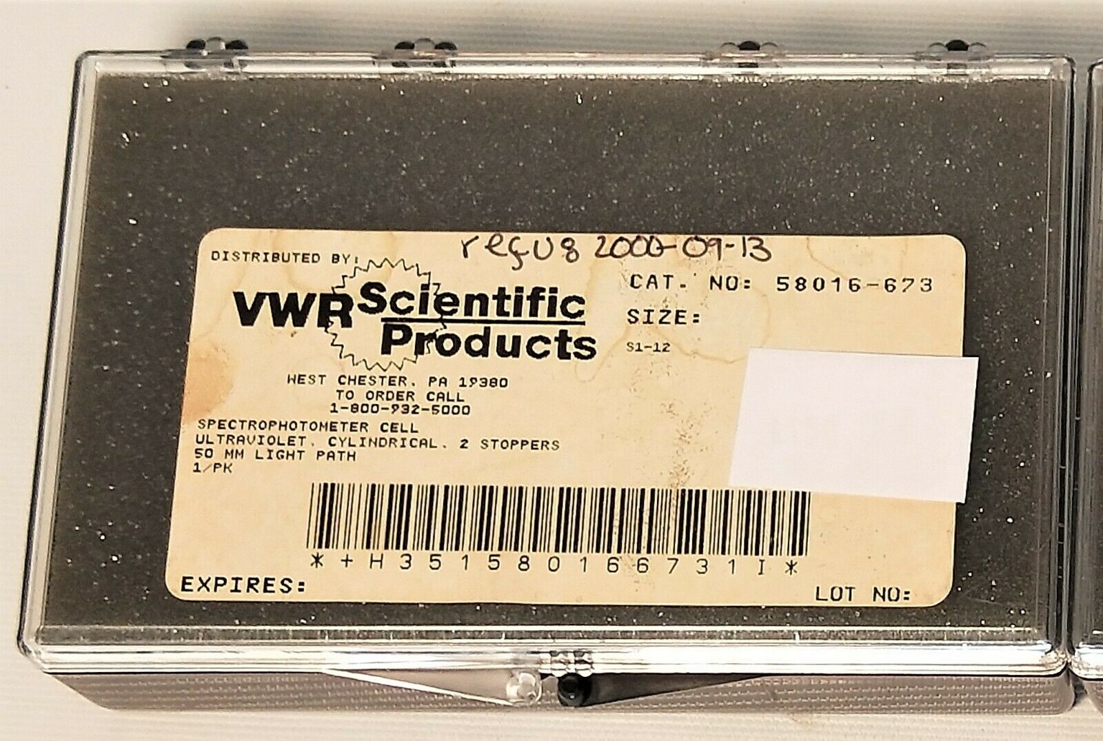 New open box VWR 58016-673 Cylindrical UV Spectrophotometer Cell - 50mm