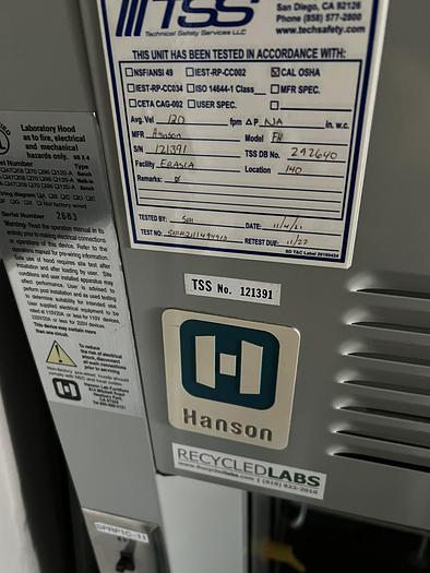 Used Hanson 8' Fume Hood