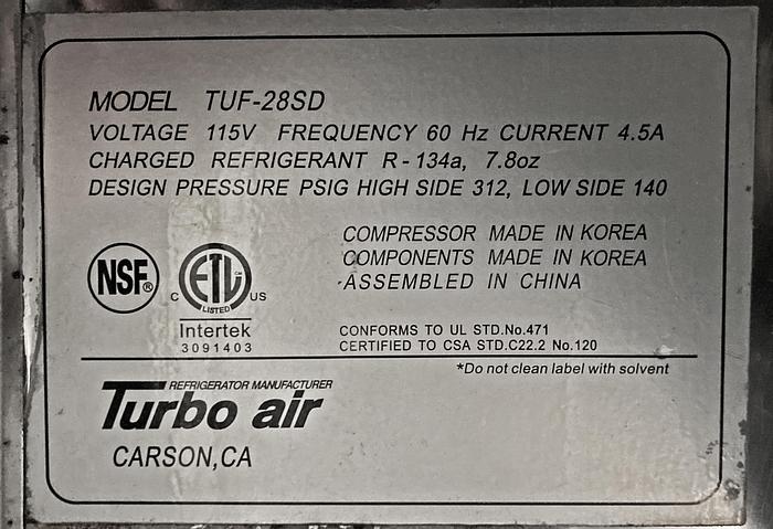 Used USED Turbo-Air Refrigerator, Model TUF-28SD