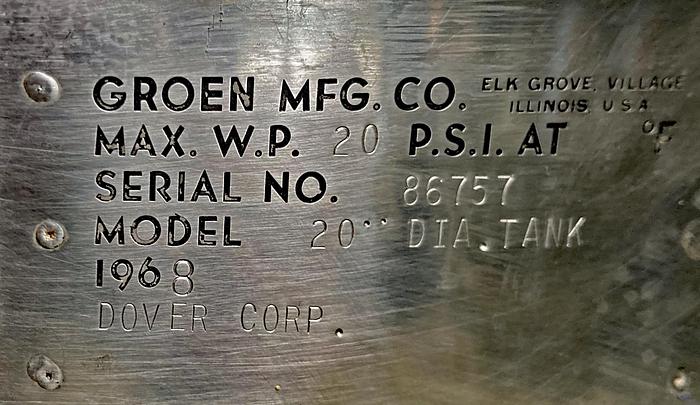 Used USED Groen Kettle with Allen Bradley Controllers, 20" Diameter Tank