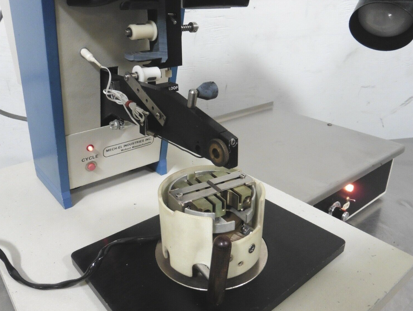 Used Mech-El 907 45° Feed Ultrasonic Wedge Wire Bonder w/ Heated Workholder