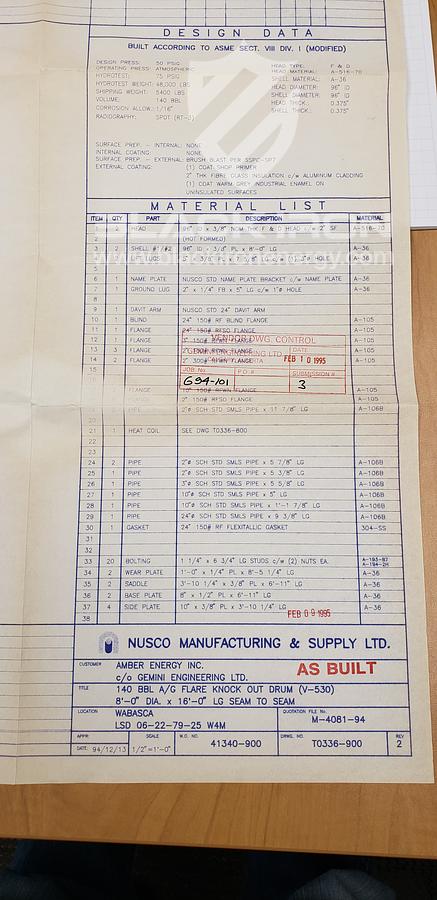 Used 8' Dia. x 16', 14 psig Flare KO c/w 12" Dia. x 100' Flare Stack