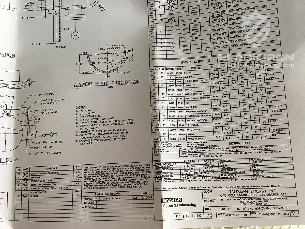 Used 48" X 16' 2127 psi Sour Horizontal 3 Phase Separator