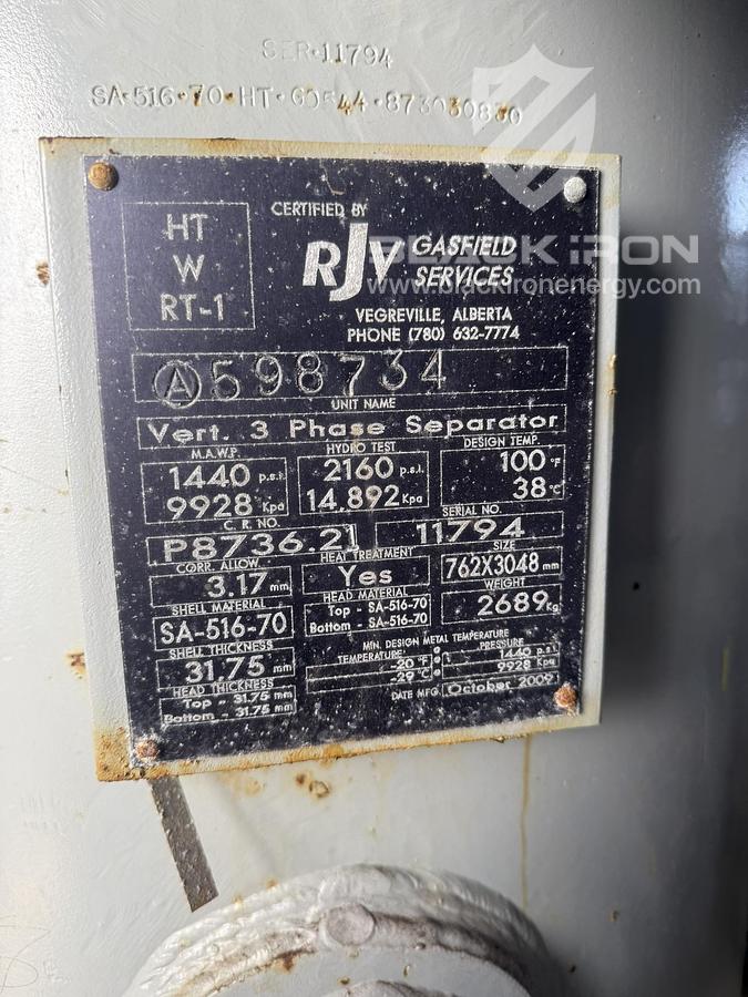 Used 30" x 10', 1440 Psi, Vertical w/ 400BBL Tank - Separator #14570