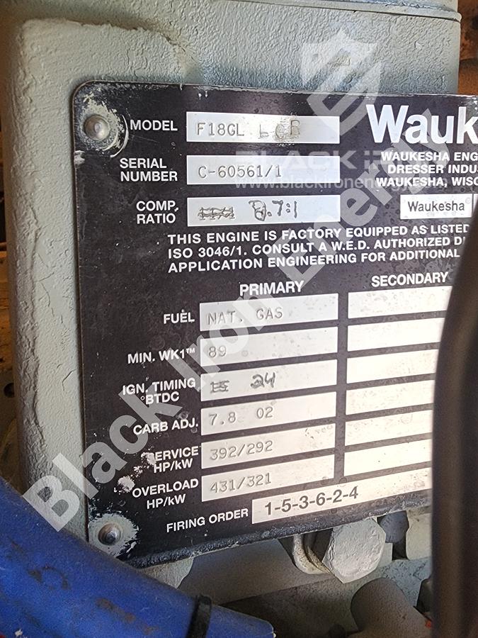 Used 392 hp Waukesha F18GL-LCR Natural Gas Engine c/w Silencer (Tag K-2760)