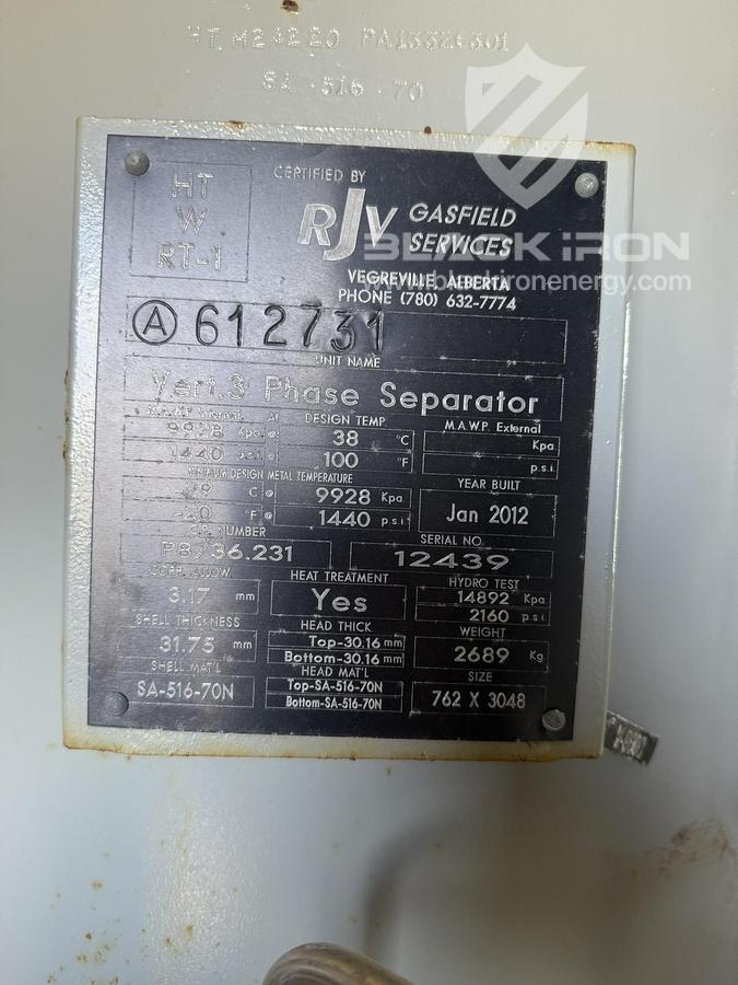 Used 30" x 10', 1440 Psi, Vertical w/ 400BBL Tank - Separator #15283