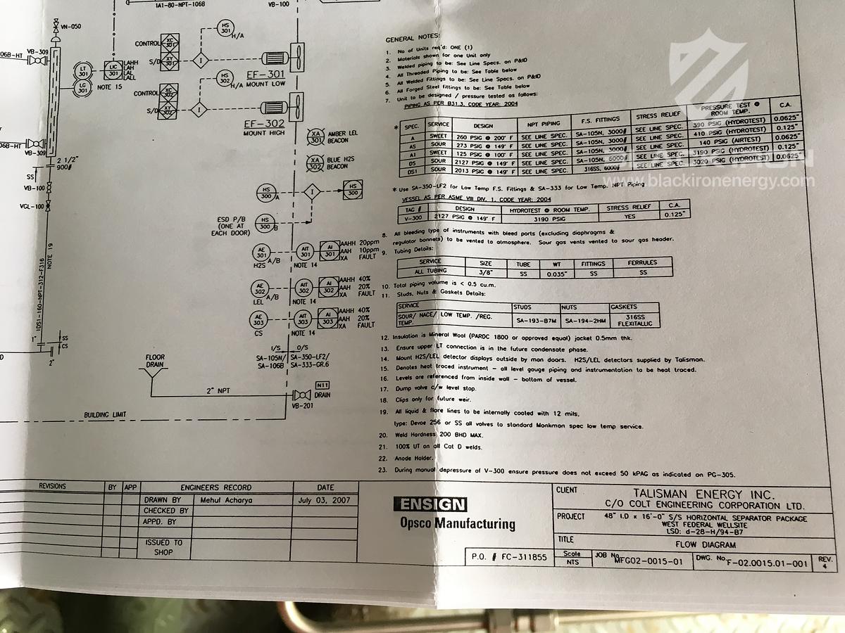 Used 48" X 16' 2127 psi Sour Horizontal 3 Phase Separator