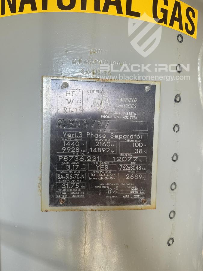 Used 30" x 10', 1440 Psi, Vertical w/ 400BBL Tank - Separator #15002
