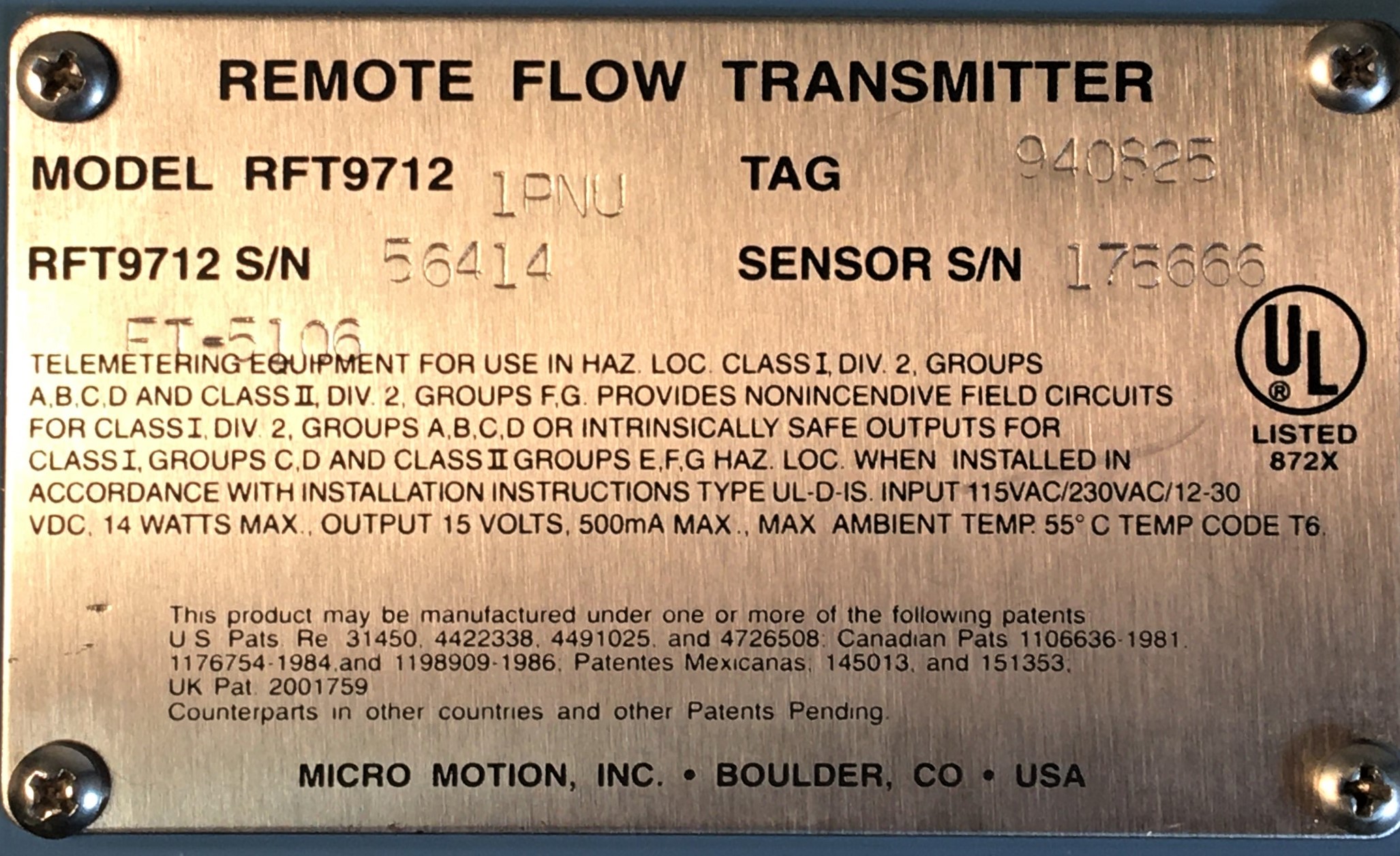 Used Micro Motion DS006 Mass Flow Sensor with RFT9712 Remote Transmitter