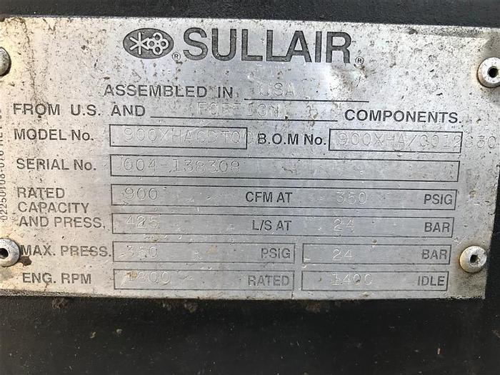 Used 2002 Sullair 900XHACDTQCA 900 CFM / 350 PSI Air Compressor - Sold