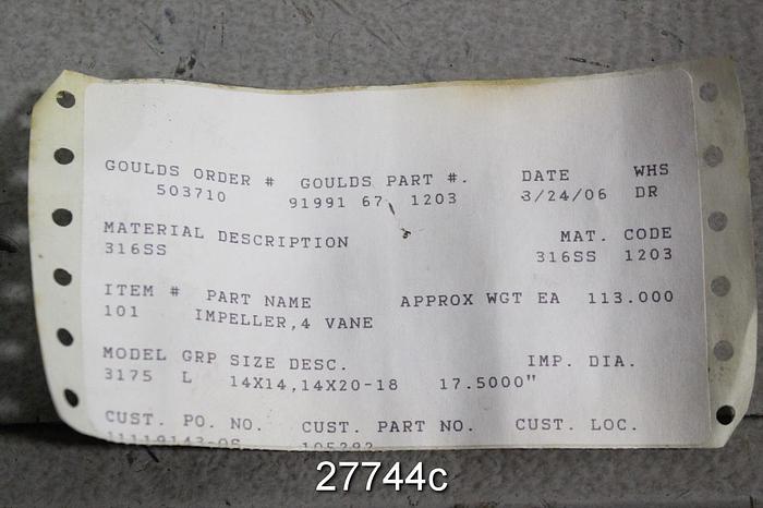 Unused Goulds 3175 Impeller, 14x14x18, 4-Vane, 17 1/2" Impeller Diameter #27744