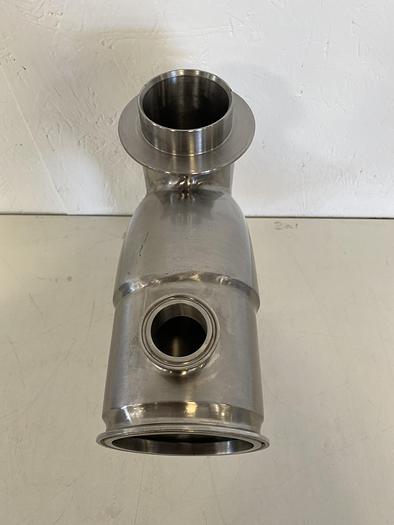 Used Stainless Steel 4-way Elbow w/ 4" & 1 1/2" Sanitary Fitting to 3" & 4 1/2" OD
