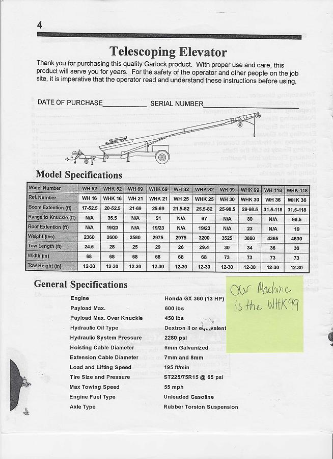 Used Garlock Paus Aluminum Telescopic Elevator