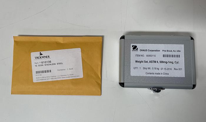 OHAUS 80850110 Weigh Set, ASTM6,500mg-1mg,Cyl w/ Troemner 1g SS Econ 61013S