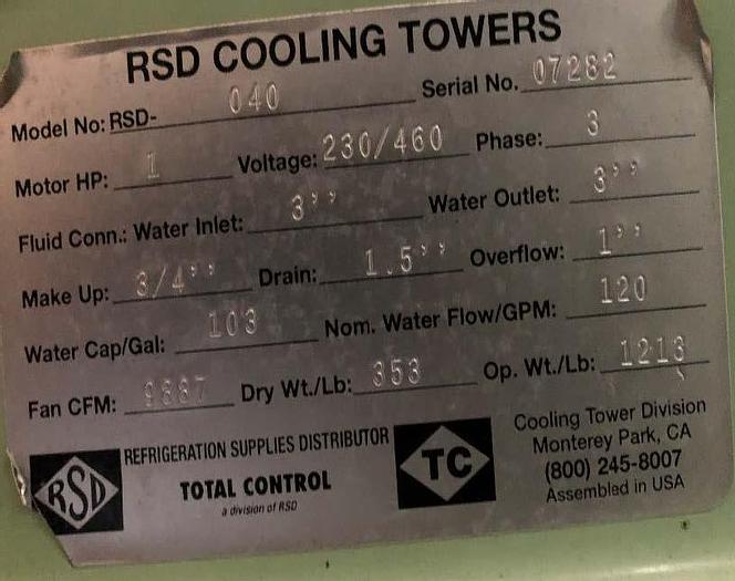 Used Refrig, Cooling Tower, 40 Ton, Fiberglass, RSD #S744641