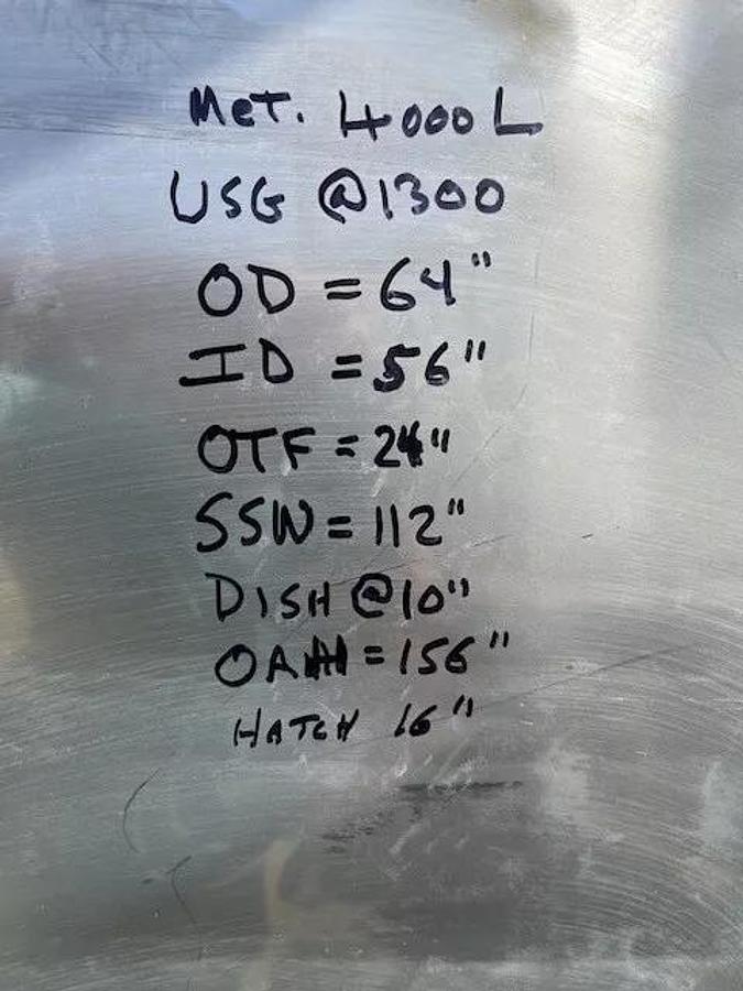 Used 1000 Gallon 4000 L 304 Stainless Steel Jacketed , Vacuum rated Tank Dish / Dome