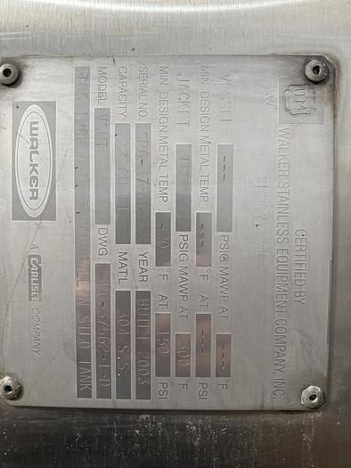 Used 5000 Gallon Walker Stainless Steel Jacketed Vertical Tank Food Grade Tank2003 Walker Mfg