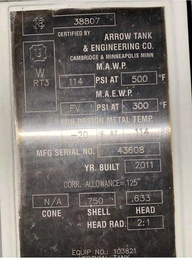 16,000 gallon Vertical Pressure Rated tank.   Mfg by Arrow 2011 Never used.