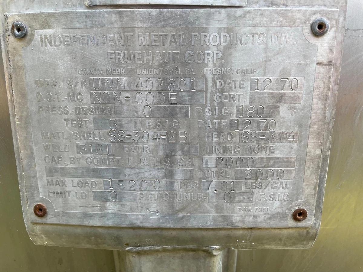 Used 2000 Gallon Horizontal Holding Tank - 304 Stainless Steel edible oil Tank w/skid