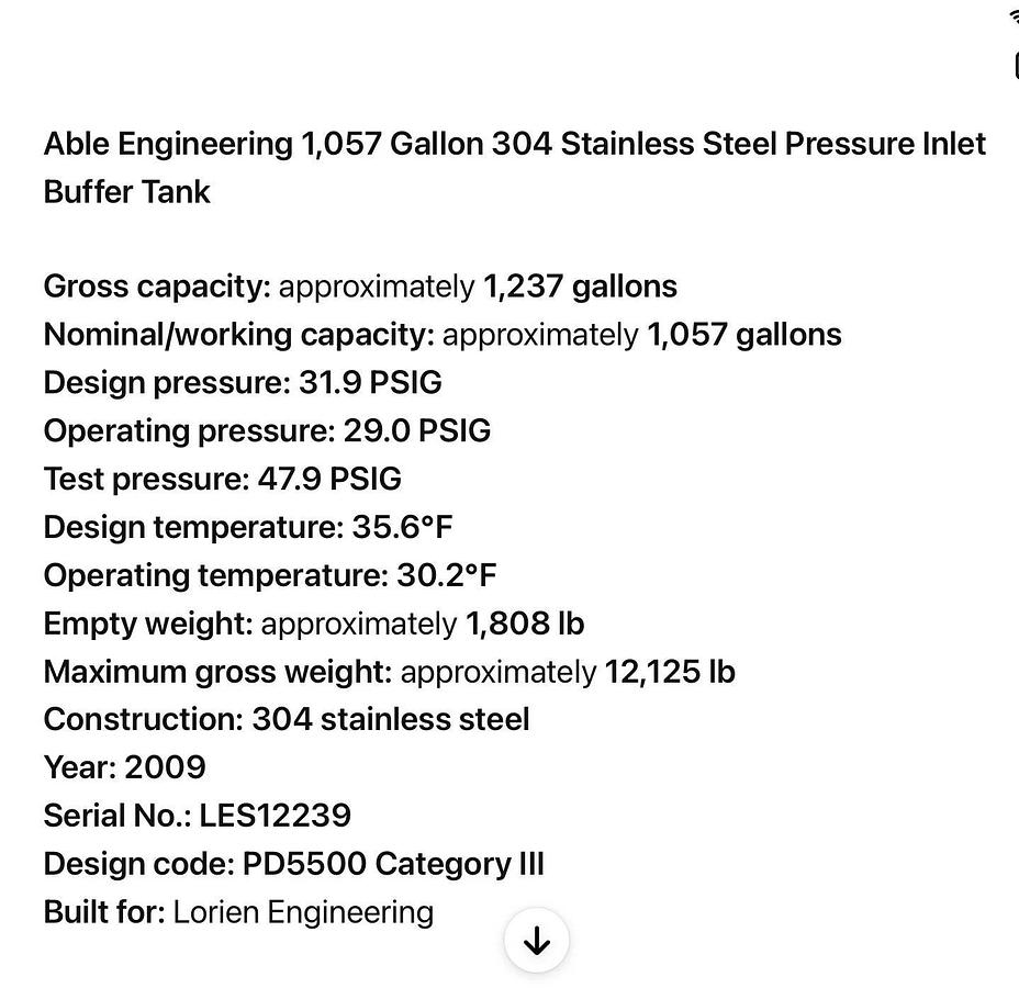 Used 1000 Gallon 4000 L 304 Stainless Steel , Vacuum rated Tank Dish / Dome