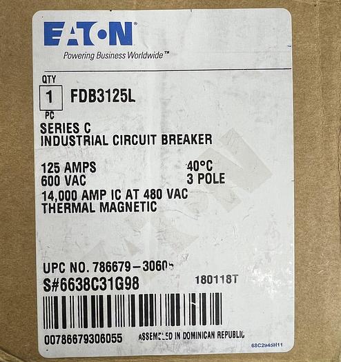 FDB3125L Eaton 125 Amp 600V 3 P Feed Thru Circuit Breaker Line & Load Lugs New 786679306055